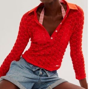 FREE PEOPLE GIRL NEXT DOOR POLO LONG SLEEVE TOP RED MEDIUM